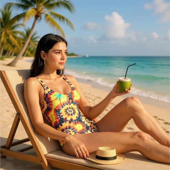 Golden Girl Tie Dye One-Piece Swimsuit S – 90s Spiral Print High Leg Retro Swim - Picture 4 of 5